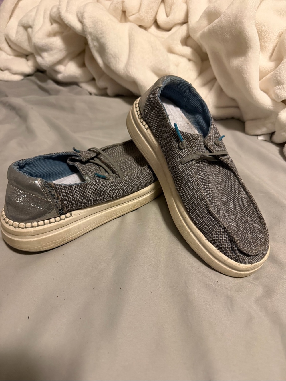 Hey Dude Women's Gray Canvas Slip-On Shoes with Blue Lining